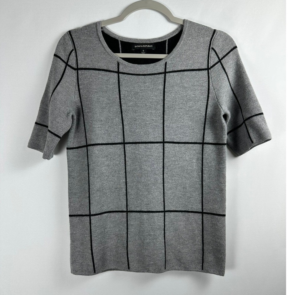 Banana Republic Merino Wool Blend Sweater T Shirt S Gray Plaid Preppy Minimalist